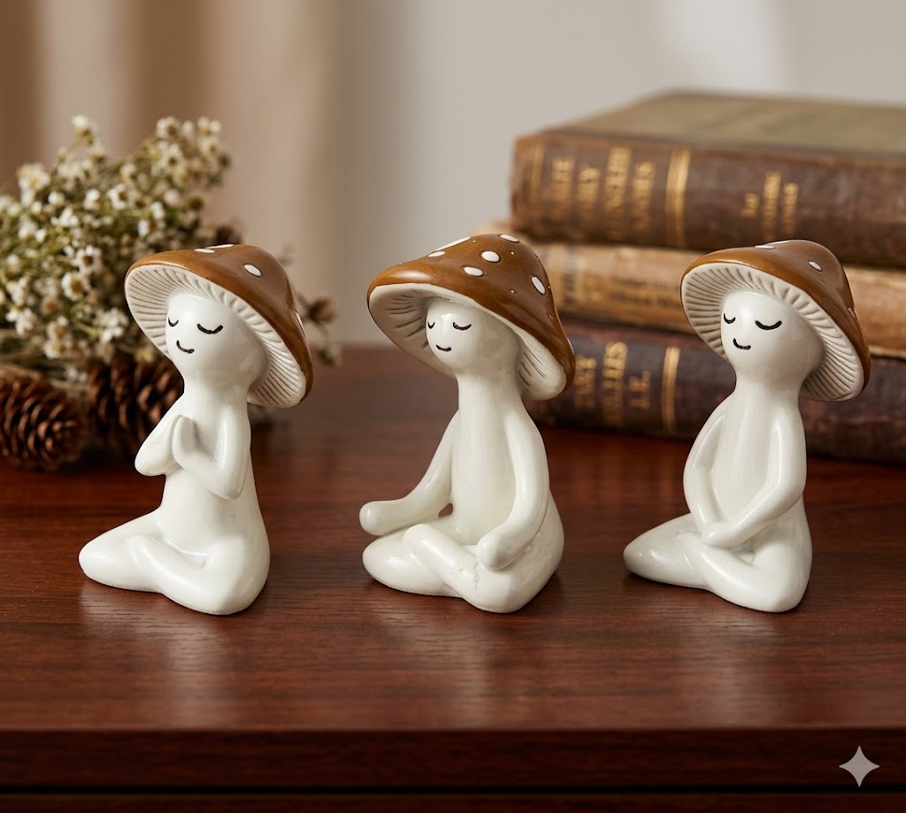 3 pcs Meditating Mushroom Figurines Set – Cozy Cottagecore Ceramic Desk Decor
