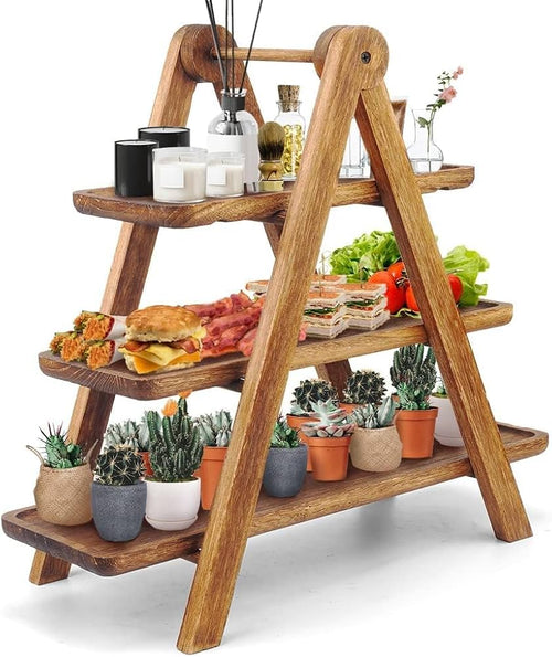 Wooden tiered shelf with plants, food, and decorative items on a white background