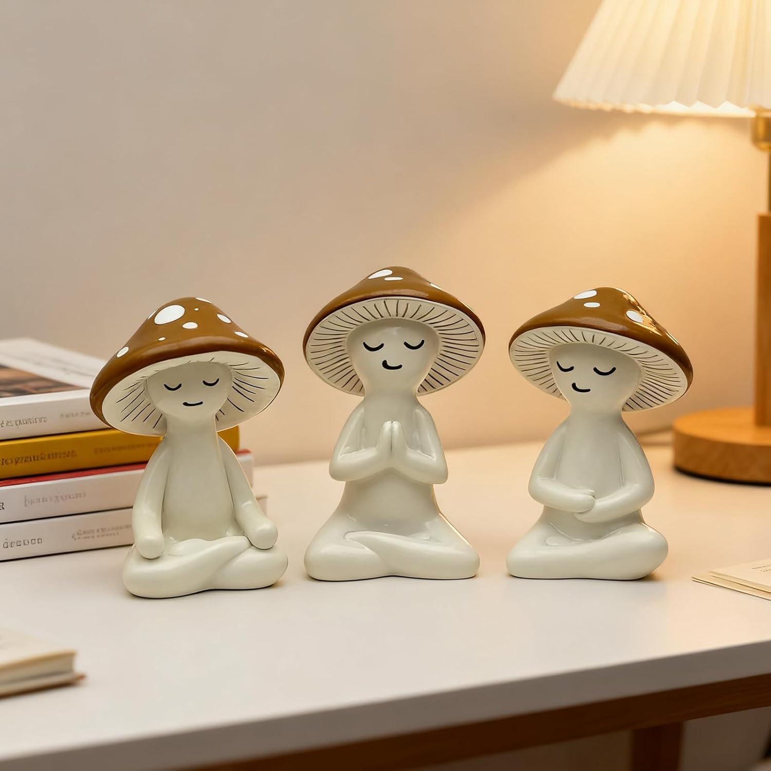 3 pcs Meditating Mushroom Figurines Set – Cozy Cottagecore Ceramic Desk Decor