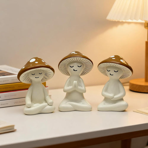 3 pcs Meditating Mushroom Figurines Set – Cozy Cottagecore Ceramic Desk Decor