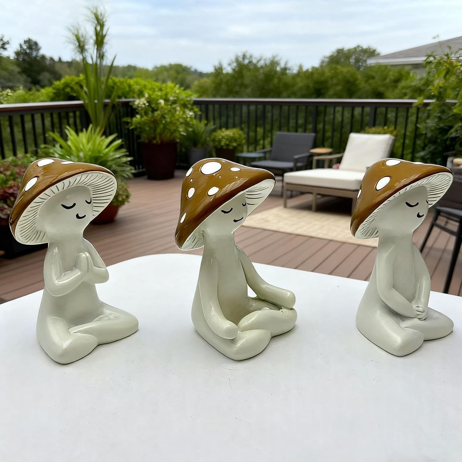 3 pcs Meditating Mushroom Figurines Set – Cozy Cottagecore Ceramic Desk Decor