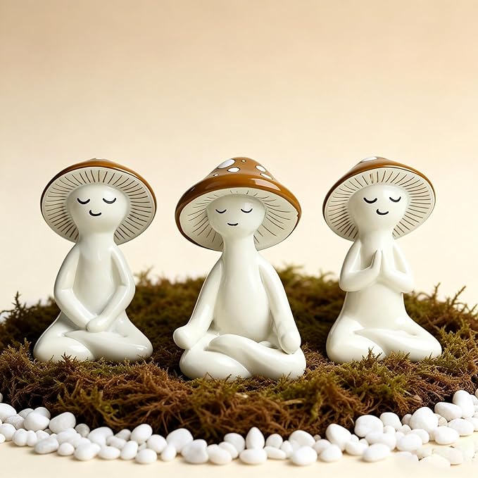 3 pcs Meditating Mushroom Figurines Set – Cozy Cottagecore Ceramic Desk Decor