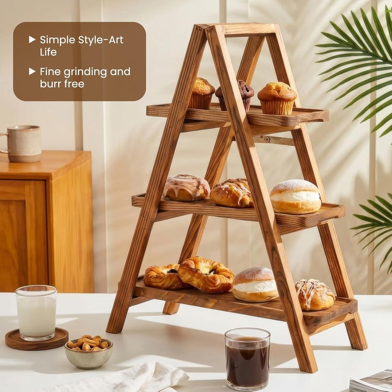 Rustic Wooden 3 Tier Dessert Stand with Hanging Swing Shelf for Parties & Weddings