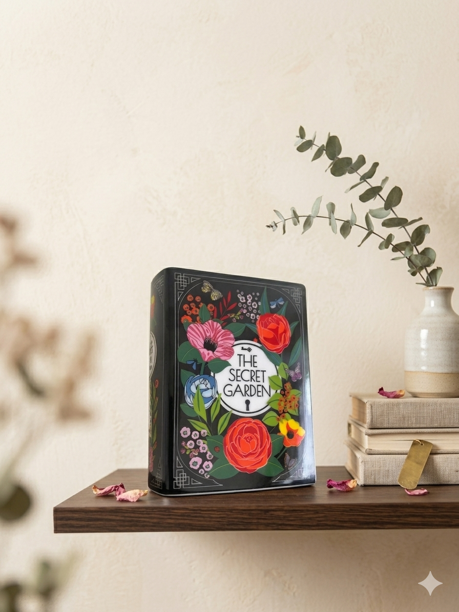Decorative ceramic book shaped flower vase inspired by The Secret Garden
