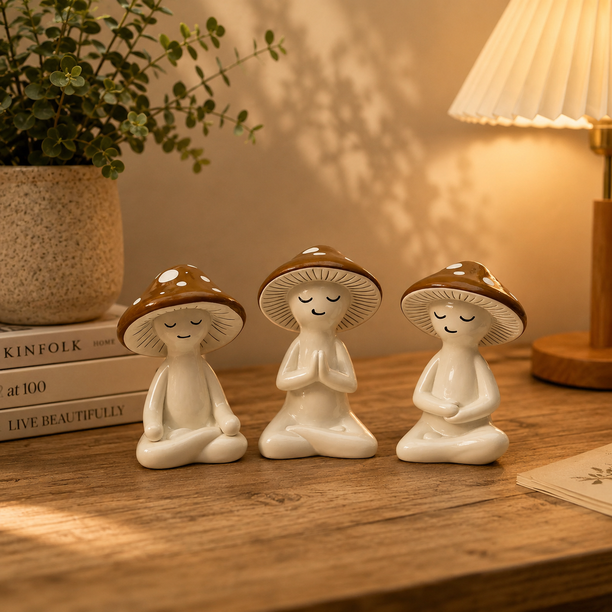 3 pcs Meditating Mushroom Figurines Set – Cozy Cottagecore Ceramic Desk Decor