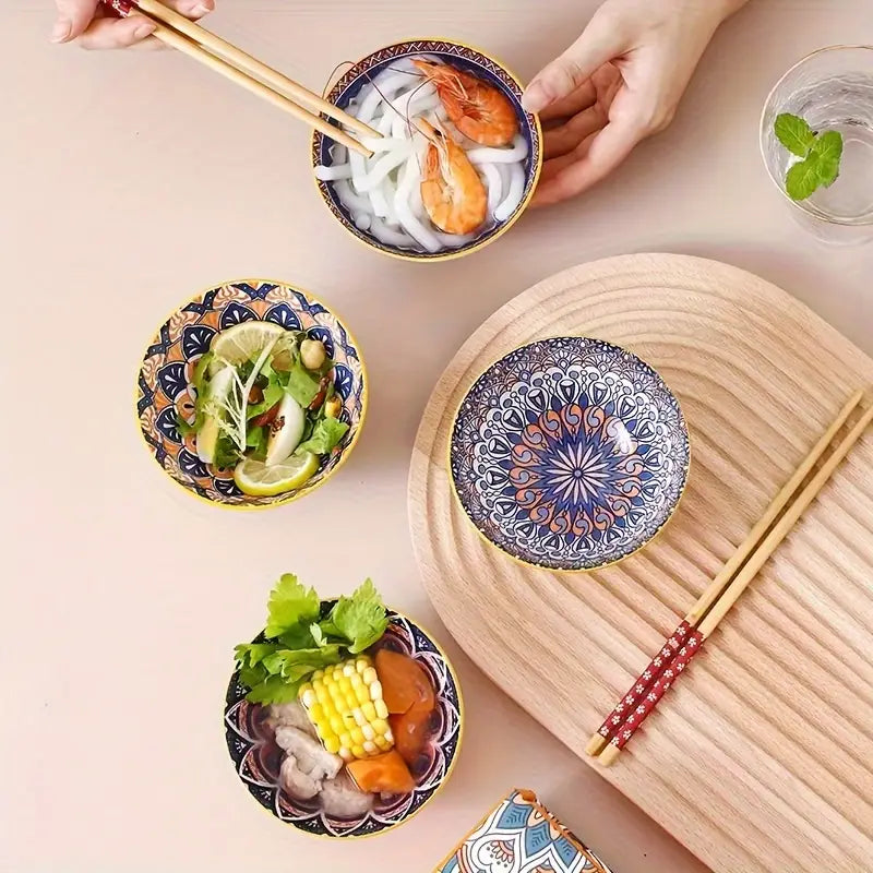 Bohemian style  Ceramic Bowl Set – Bohemian Glazed Bowls for Rice, Salad & Dessert