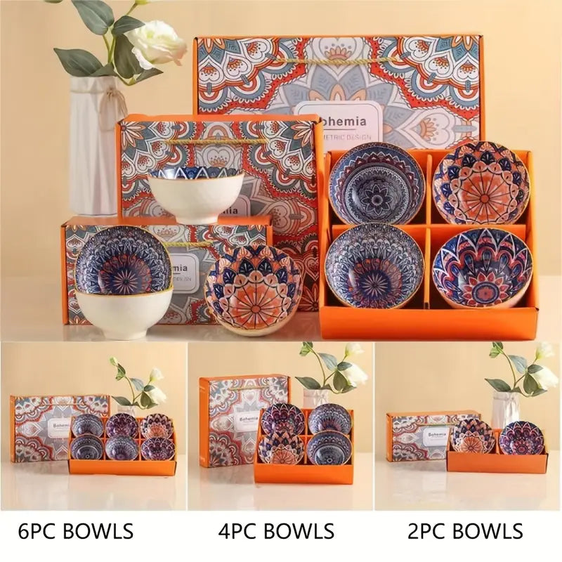 Bohemian style  Ceramic Bowl Set – Bohemian Glazed Bowls for Rice, Salad & Dessert