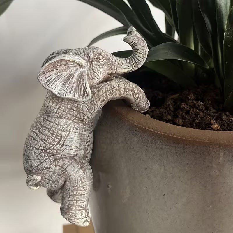 Dkor Ltd distressed white elephant pot hugger figurine with detailed texture, perched on a grey pot rim.