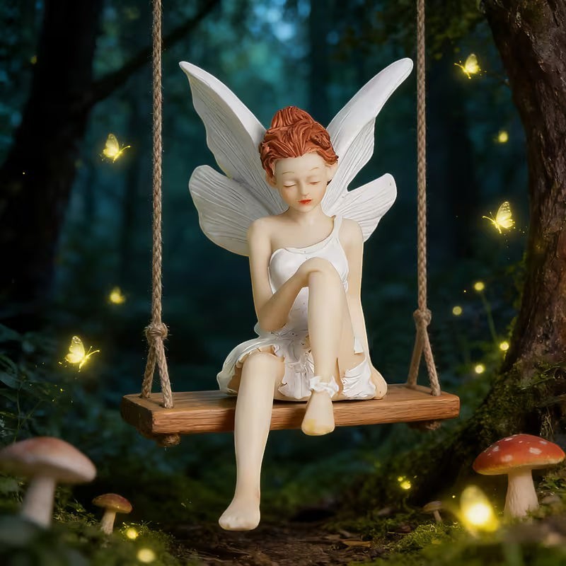 Dkor Ltd whimsical fairy figurine with white wings and dress, sitting on a wooden swing in a magical forest setting with glowing butterflies.