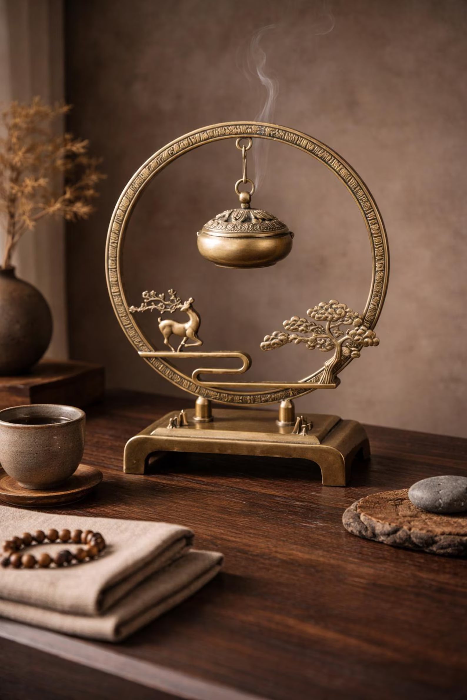 Golden Tree & Bell Incense Burner  Luxury Zinc Alloy Censer for Meditation & Focus