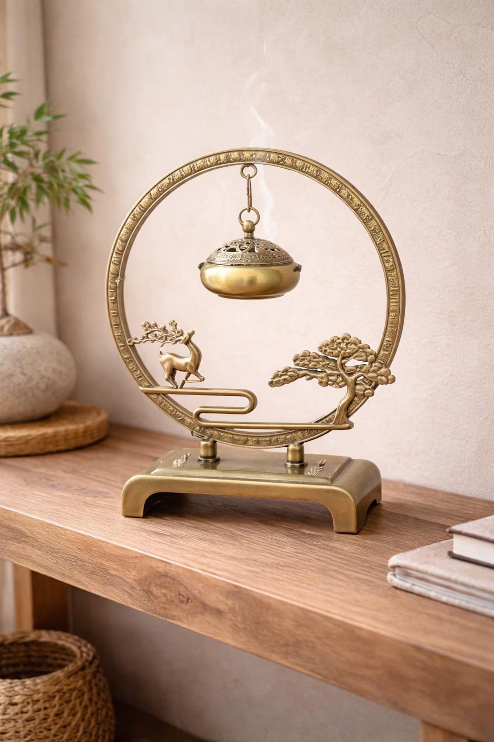 Golden Tree & Bell Incense Burner  Luxury Zinc Alloy Censer for Meditation & Focus