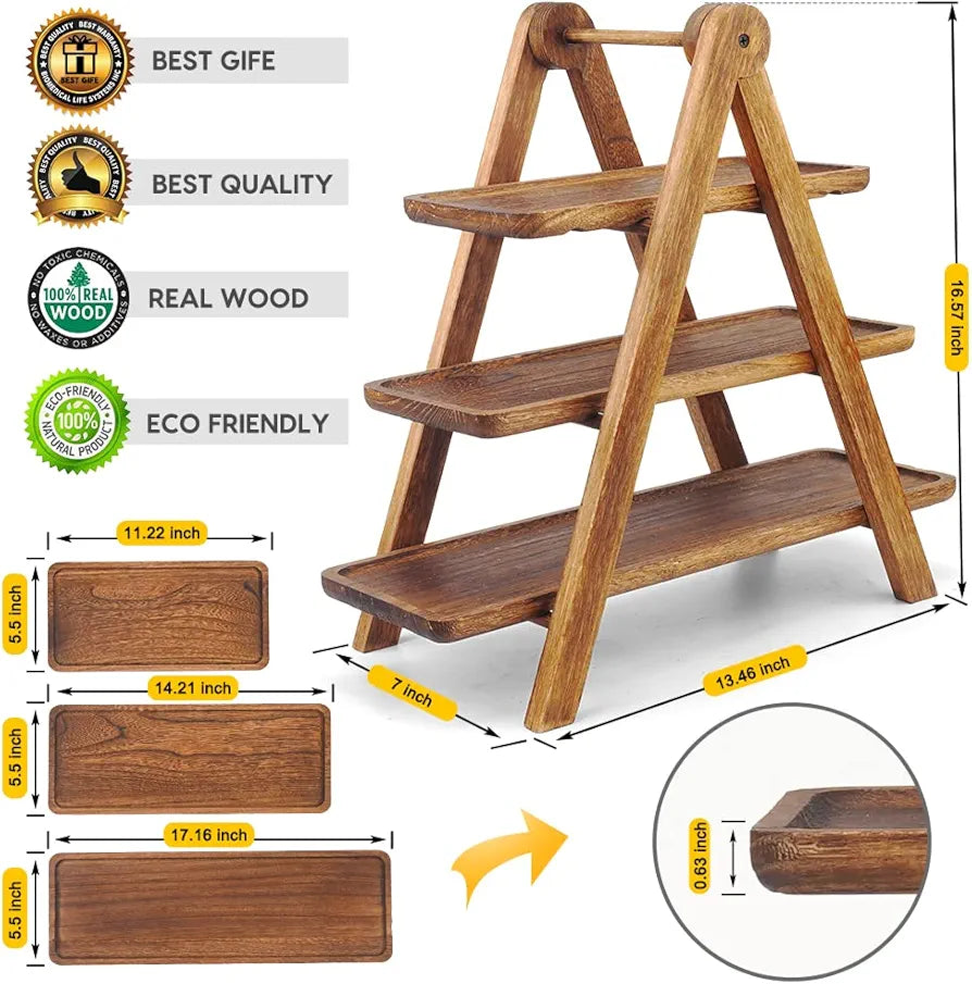 3 Tier Wooden Display Stand Foldable Bakery & Dessert Serving Rack for Kitchen, Coffee Bar & Events