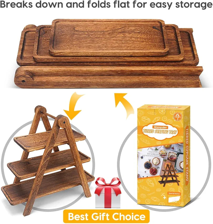 3 Tier Wooden Display Stand Foldable Bakery & Dessert Serving Rack for Kitchen, Coffee Bar & Events