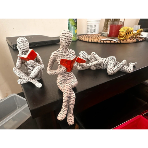 Set of 3 Abstract Human Figurines - Modern Reading Sculpture Ornaments for Cute Shelves Display